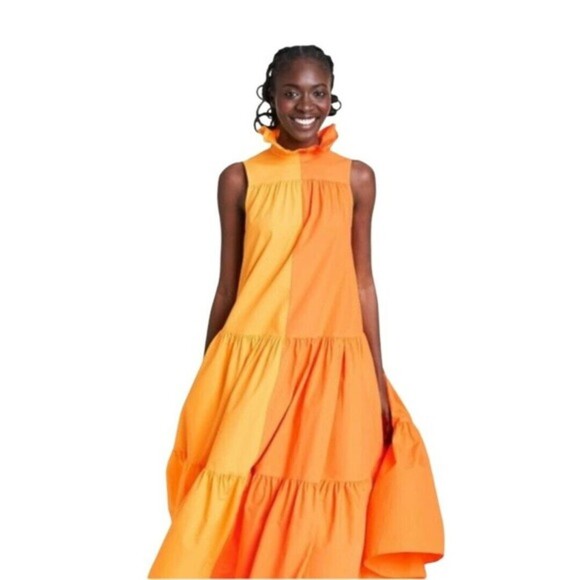 Christopher John Rogers Two-Tone Ruffle Neck Sleeveless Tiered Dress (NWT) - Picture 2 of 5